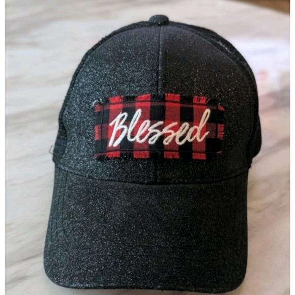 Snap-Back Accessories - Blessed Buffalo Plaid Patch Trucker Hat Black Glitter Mesh Back Snapback Cap
